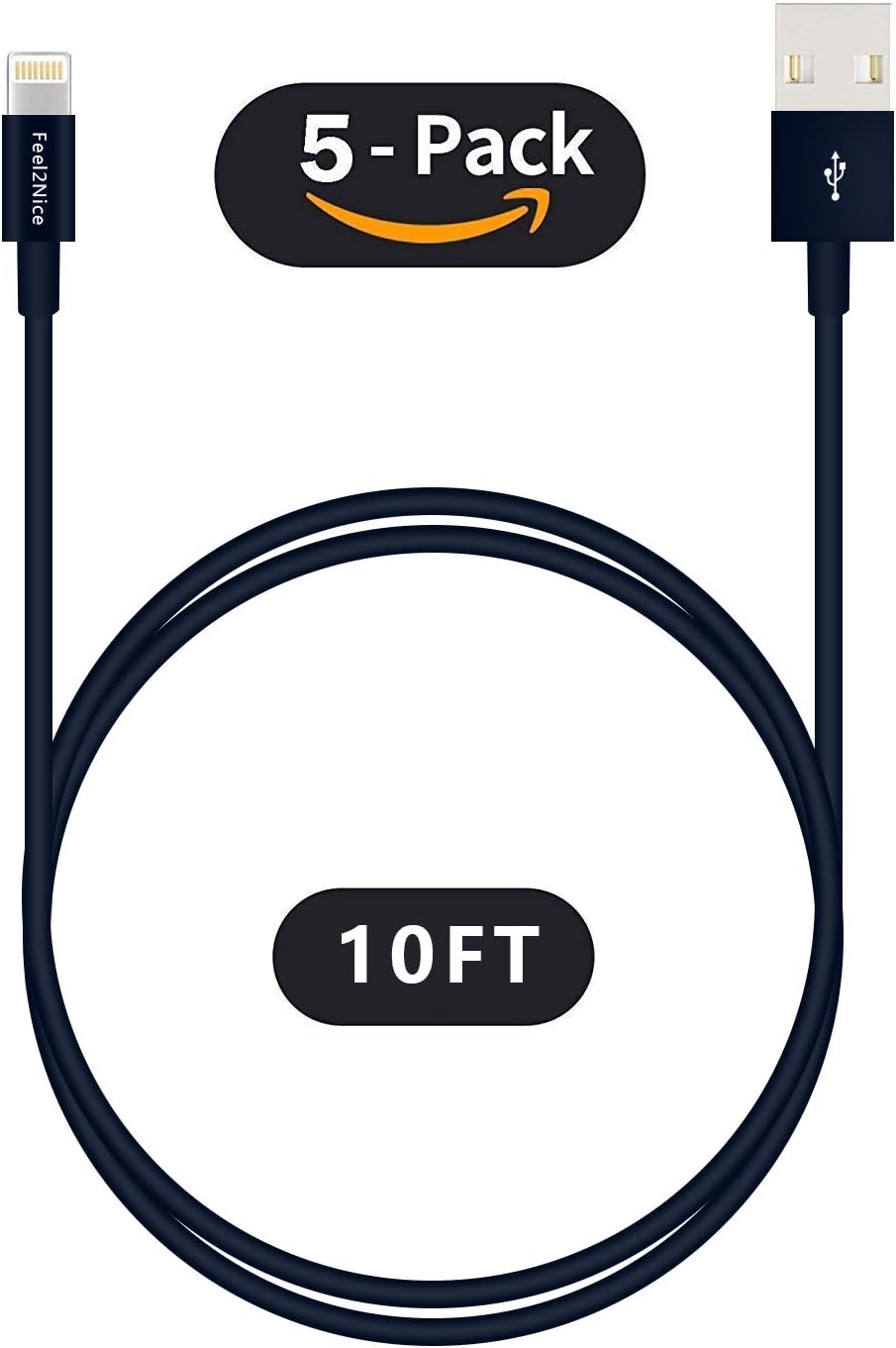 FEEL2NICE 5 Pack 10ft Charger Cord for Long 10 Foot iPhone Charging Cable/Data Sync Fast iPhone USB Charging Cable Cord Compatible with iPhone X Case/8/8 Plus/7/7 Plus/6/6s Plus/5s/5,iPad Case(Blue)