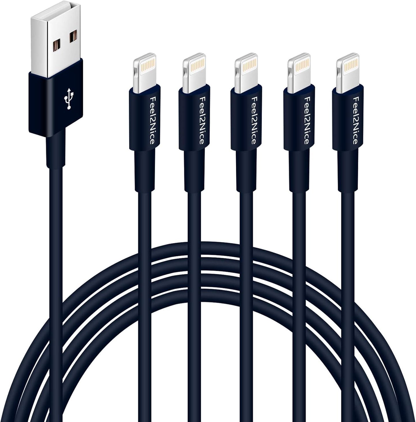 FEEL2NICE 5 Pack 10ft Charger Cord for Long 10 Foot iPhone Charging Cable/Data Sync Fast iPhone USB Charging Cable Cord Compatible with iPhone X Case/8/8 Plus/7/7 Plus/6/6s Plus/5s/5,iPad Case(Blue)