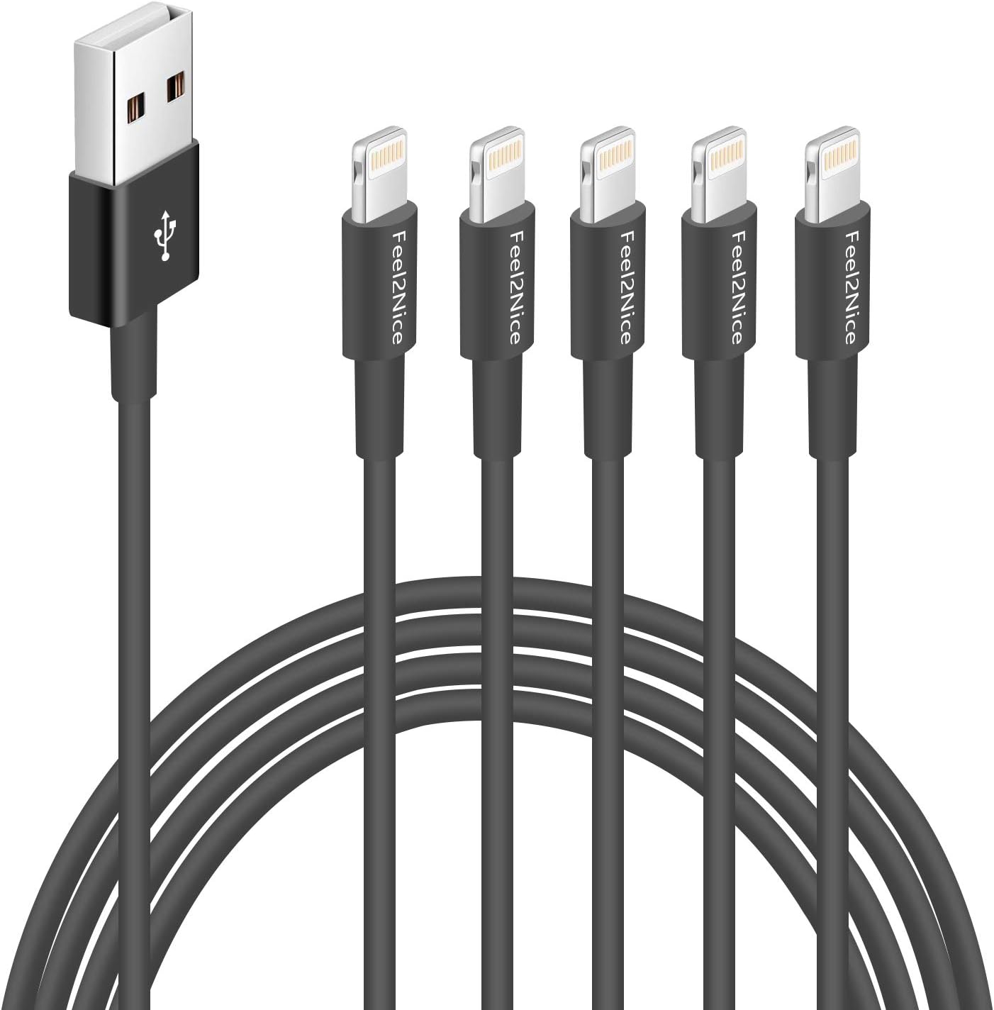 FEEL2NICE 5 Pack 10ft Charger Cord for Long 10 Foot iPhone Charging Cable/Data Sync Fast iPhone USB Charging Cable Cord Compatible with iPhone X Case/8/8 Plus/7/7 Plus/6/6s Plus/5s/5,iPad Case(Gray)