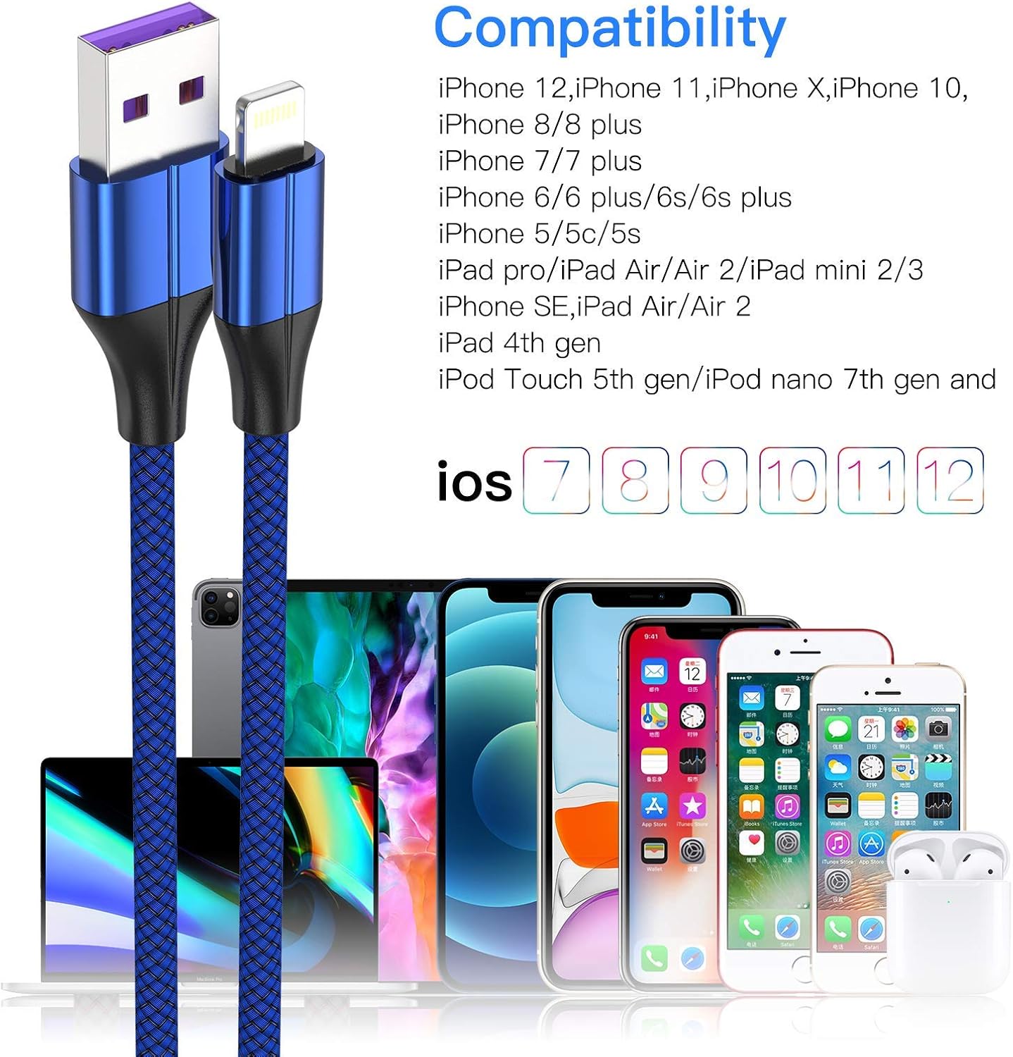 [MFi Certified Lightning Cable,3 Pack 3 Ft iPhone Charger Cable & Data Sync Fast 3 Foot Nylon Braided Cord Compatible with iPhone Xs max/xr/x/8/8 Plus/7/7plus/6/6s Plus/5s/5,iPad (Blue)