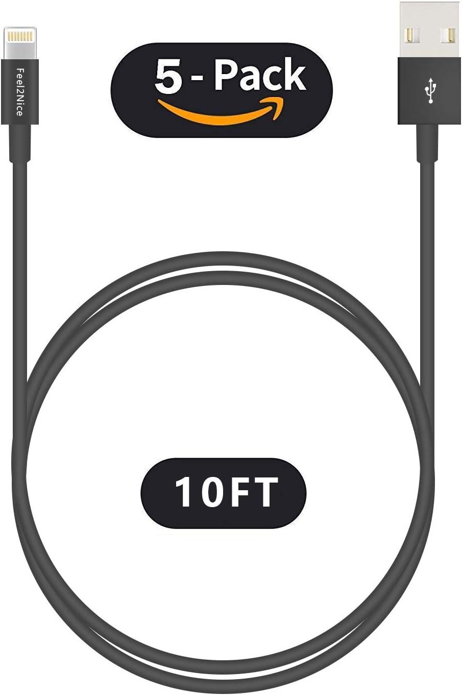 FEEL2NICE 5 Pack 10ft Charger Cord for Long 10 Foot iPhone Charging Cable/Data Sync Fast iPhone USB Charging Cable Cord Compatible with iPhone X Case/8/8 Plus/7/7 Plus/6/6s Plus/5s/5,iPad Case(Gray)