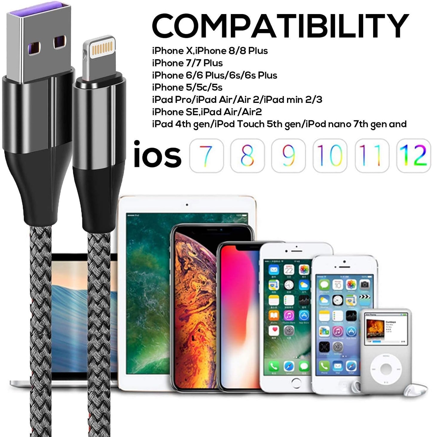 iPhone Charger Lightning Cable (3 Pack 6 Foot), [MFi Certified] 6 Feet Nylon Braided, Compatible with iPhone 14/13/12/11/Pro/X/Xs Max/XR/8 Plus /7 Plus/6/ iPad
