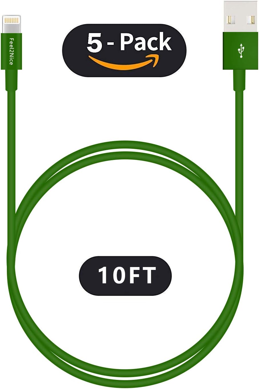 FEEL2NICE 5 Pack 10ft Charger Cord for Long 10 Foot iPhone Charging Cable/Data Sync Fast iPhone USB Charging Cable Cord Compatible with iPhone X Case/8/8 Plus/7/7 Plus/6/6s Plus/5s/5,iPad Case(Green)