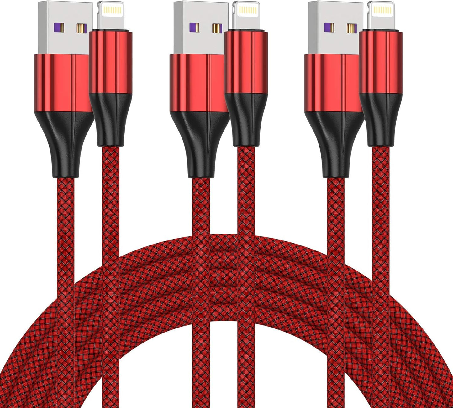 iPhone Charger [MFi Certified] - 3 Pack 3 Foot Nylon Braided Lightning Cable, USB Charging Cord Compatible With iPhone 11/Pro/X/Xs Max/XR/8 Plus/7 Plus/6/iPad (Red)