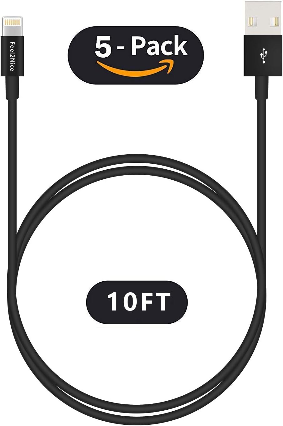 FEEL2NICE 5 Pack 10ft Charger Cord for Long 10 Foot iPhone Charging Cable/Data Sync Fast iPhone USB Charging Cable Cord Compatible with iPhone X Case/8/8 Plus/7/7 Plus/6/6s Plus/5s/5,iPad Case(Black)