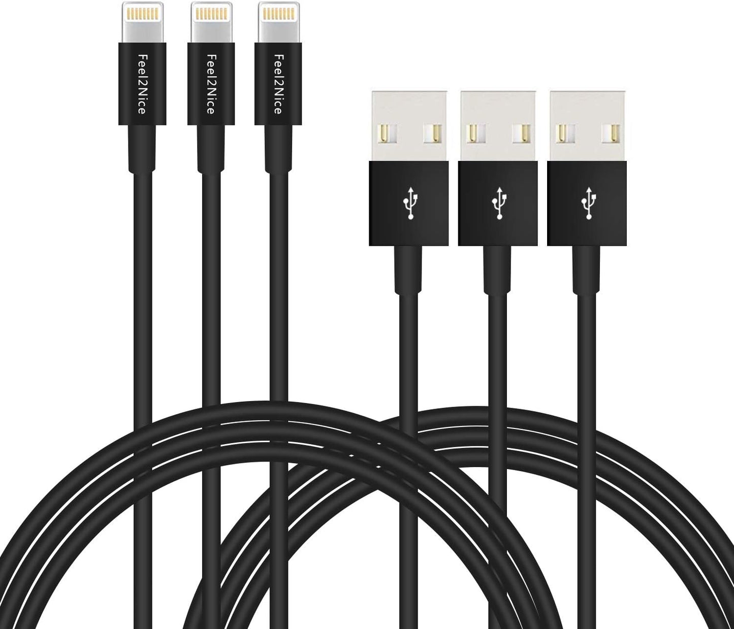 FEEL2NICE 5 Pack 10ft Charger Cord for Long 10 Foot iPhone Charging Cable/Data Sync Fast iPhone USB Charging Cable Cord Compatible with iPhone X Case/8/8 Plus/7/7 Plus/6/6s Plus/5s/5,iPad Case(Black)
