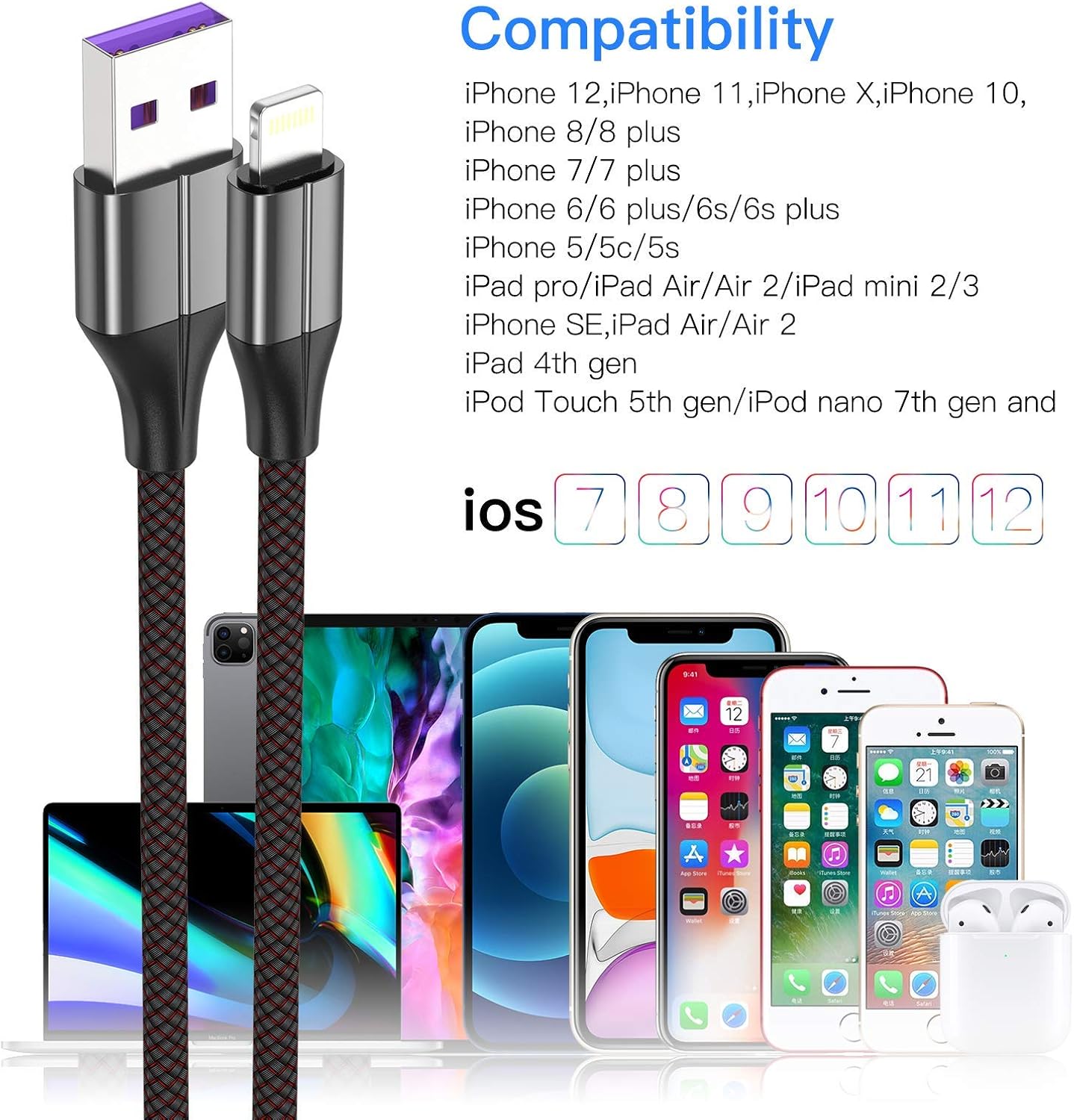 iPhone Charger Cable [MFi Certified], 3 Pack 6 Foot Nylon Braided Lightning Cable, Compatible with iPhone 11/Pro/X/Xs Max/XR/8 Plus /7 Plus/6/ iPad (Black)