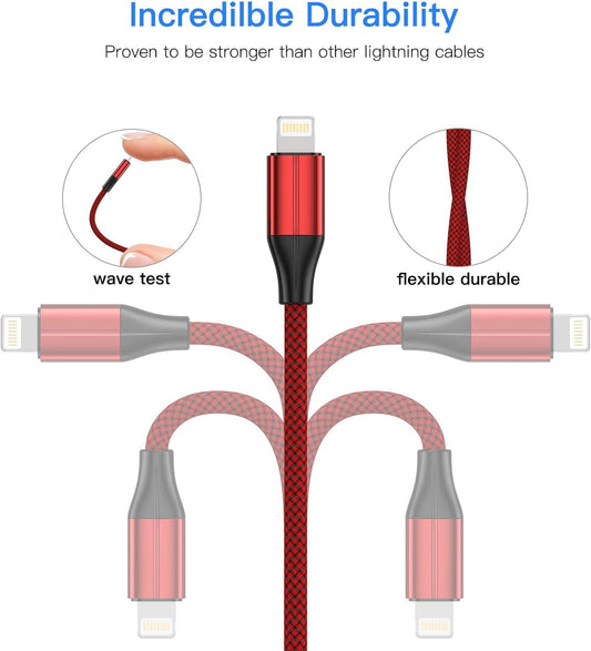 iPhone Charger [MFi Certified] - 3 Pack 3 Foot Nylon Braided Lightning Cable, USB Charging Cord Compatible With iPhone 11/Pro/X/Xs Max/XR/8 Plus/7 Plus/6/iPad (Red)