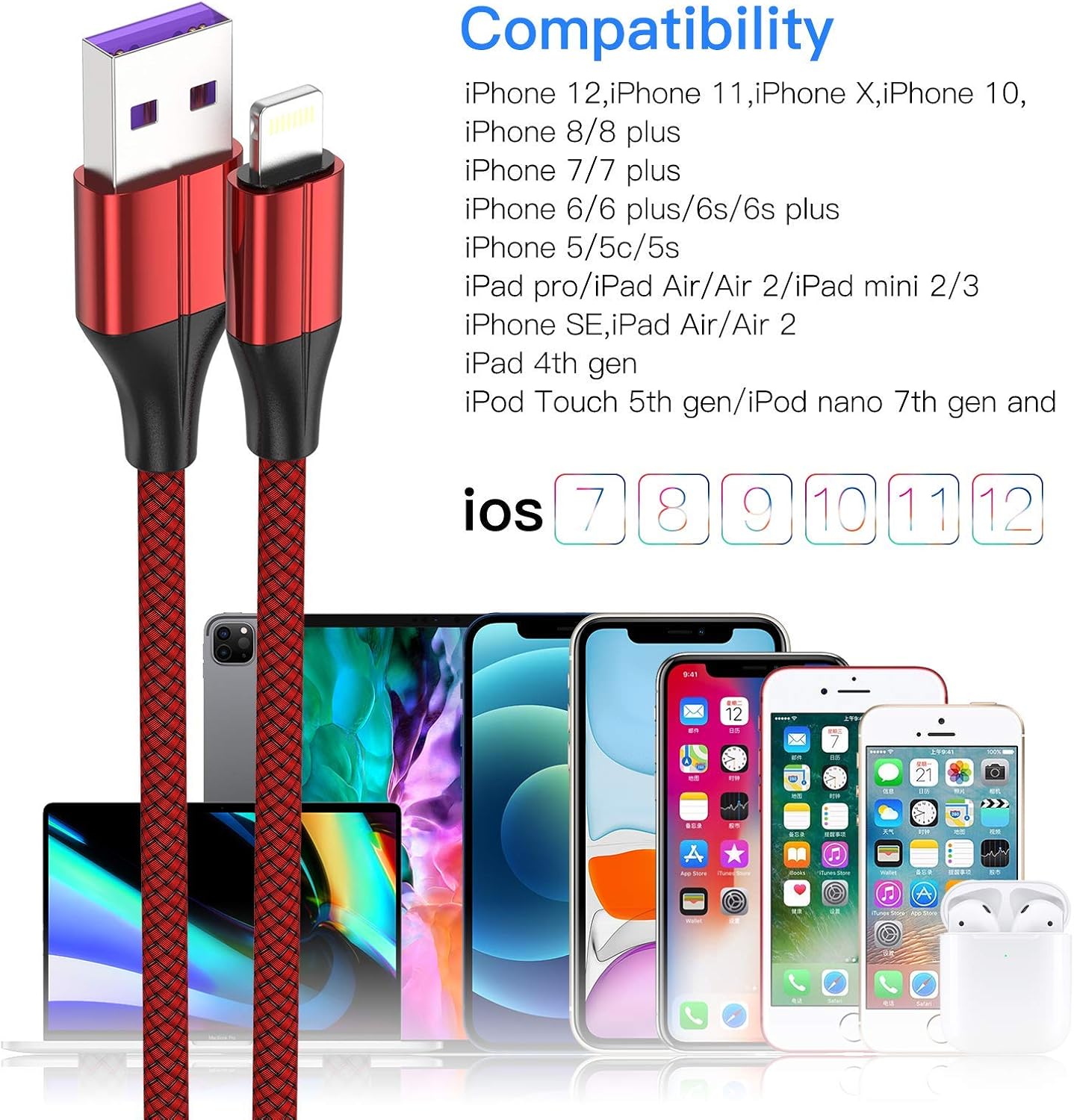 iPhone Charger [MFi Certified] -3 Pack 6 Foot Nylon Braided Lightning Cable, USB Charging Cord Compatible With iPhone 11/Pro/X/Xs Max/XR/8 Plus/7 Plus/6/iPad (Red)